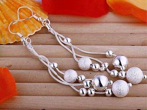 925 Sterling silver plated dangle bead ball earrings with frosted detail - Beautiful