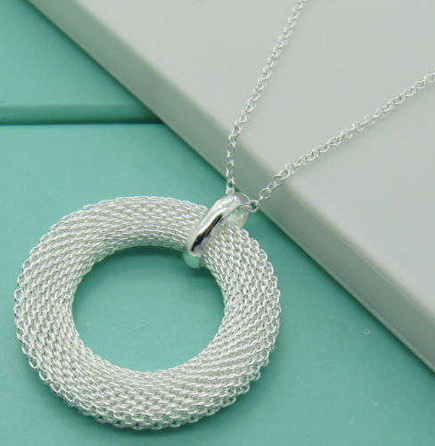 925 Sterling Silver Plated Large Round Mesh Pendant & Free Necklace