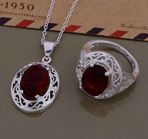 925 Sterling silver plated necklace,pendant & ring set -  Ring size 8/Q