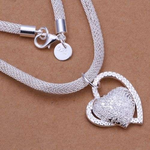 925 Sterling silver plated mesh weave necklace & a frosted look heart pendant