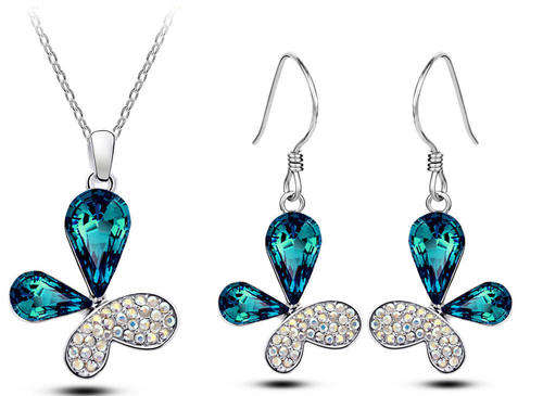 White gold plated ink blue butterfly earrings, necklace and pendant set made with swarovski elements