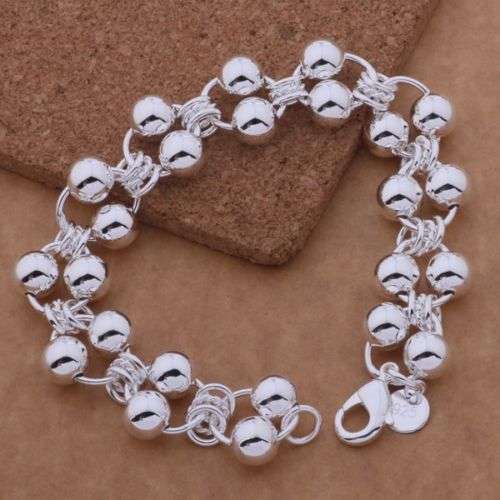 Stunning 925 sterling silver plated chunky double beaded circle link bracelet