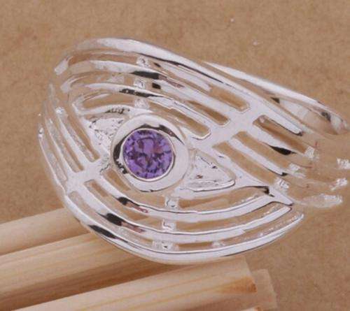Fashion 925 Silver plated chunky new design ring with purple Austrian crystal centre stone - Size 8