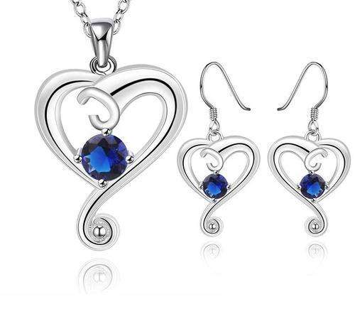 **LOWEST PRICE** 925 Silver Plated Blue Austrian Crystal Heart Pendant Necklace and Earrings Set