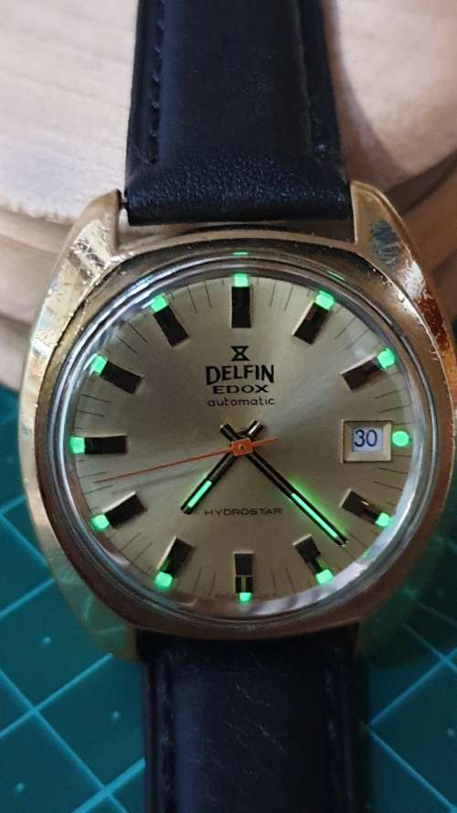 Vintage 1970`s Delfin Edox Large Men`s Automatic Date Watch