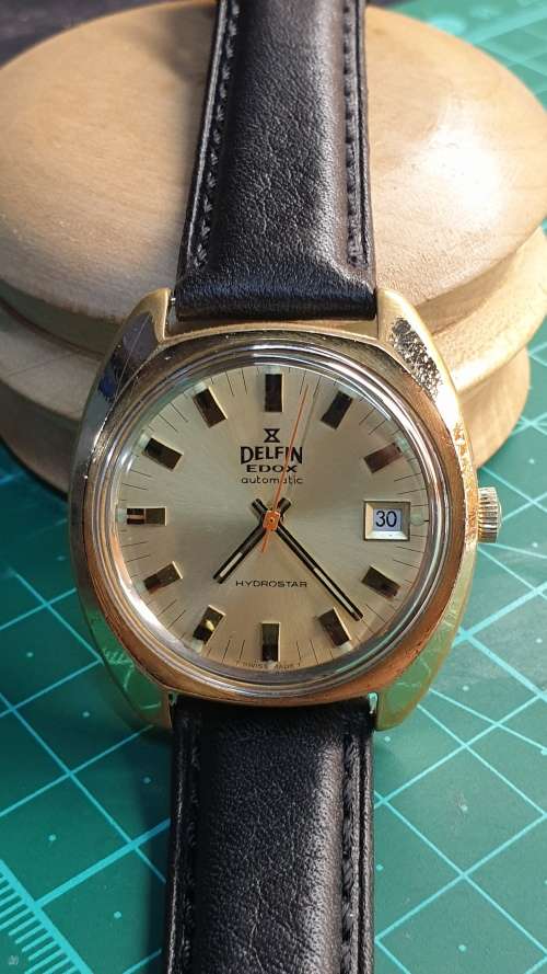 Vintage 1970`s Delfin Edox Large Men`s Automatic Date Watch