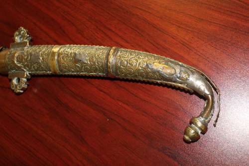 Antique Moroccan Berber Khoumya Dagger with hand detailed metal sheath and silver accents circa 1900