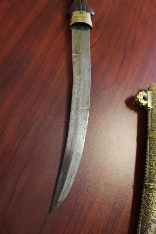 Antique Moroccan Berber Khoumya Dagger with hand detailed metal sheath and silver accents circa 1900