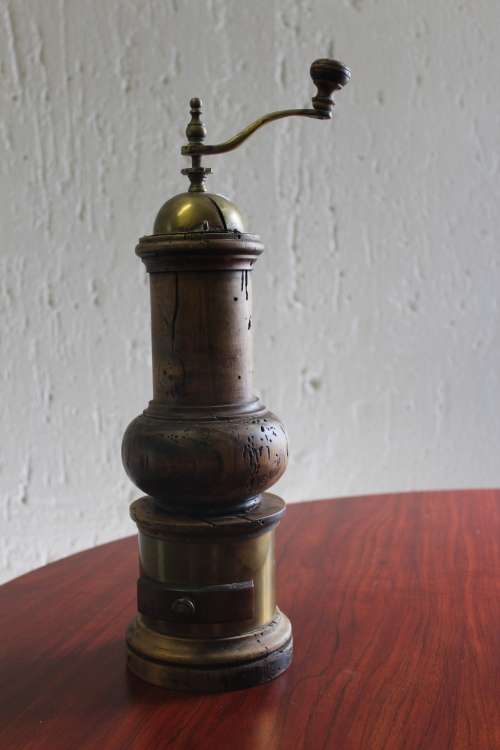 Antique Italian Solid Wood and Brass Coffee Grinder Mill 43 cm tall by 12.5cm wide (untested)