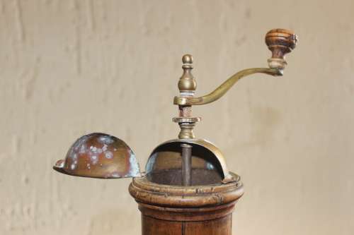 Antique Italian Solid Wood and Brass Coffee Grinder Mill 43 cm tall by 12.5cm wide (untested)