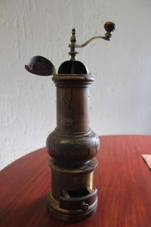 Antique Italian Solid Wood and Brass Coffee Grinder Mill 43 cm tall by 12.5cm wide (untested)