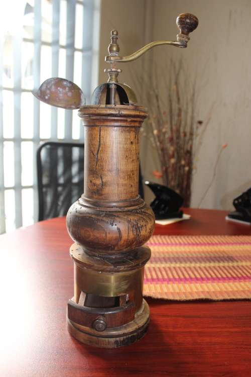 Antique Italian Solid Wood and Brass Coffee Grinder Mill 43 cm tall by 12.5cm wide (untested)