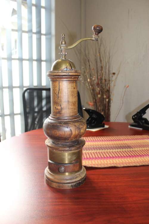 Antique Italian Solid Wood and Brass Coffee Grinder Mill 43 cm tall by 12.5cm wide (untested)