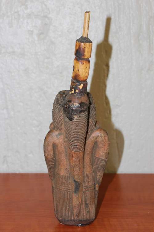 ANTIQUE BAMILEKE CAMEROON CEREMONIAL TERRACOTTA, WOOD AND BONE PIPE 34CM TALL BY 10CM