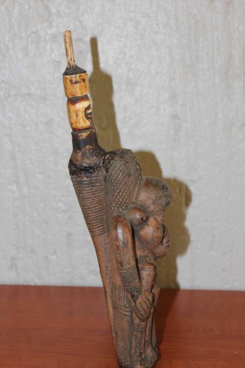 ANTIQUE BAMILEKE CAMEROON CEREMONIAL TERRACOTTA, WOOD AND BONE PIPE 34CM TALL BY 10CM