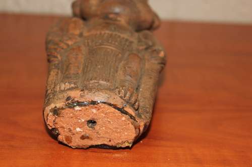 ANTIQUE BAMILEKE CAMEROON CEREMONIAL TERRACOTTA, WOOD AND BONE PIPE 34CM TALL BY 10CM