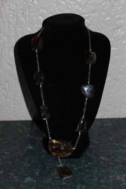 SPECTACULAR GENUINE AMBER WITH FOSSILS AND STERLING SILVER STATEMENT NECKLACE 62.7GRAM 61.5CM LENGTH