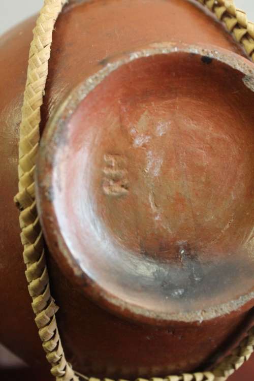 ANTIQUE CHINESE TERRACOTTA WATER POT WITH WOVEN CANE HANDLE MARKED ON BASE CIRCA EARLY 1900S
