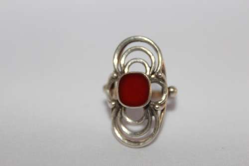 Custom Made Sterling Silver and Carnelian Ring Size +- R Weight 4.9 grams