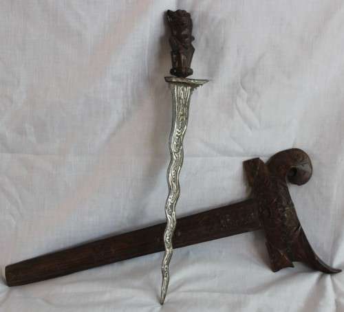 Mid Century Indonesian Wootz Steel Kerris with hand carved Rosewood Sheath and Handle  Length 62.5cm