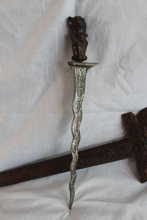 Mid Century Indonesian Wootz Steel Kerris with hand carved Rosewood Sheath and Handle  Length 62.5cm