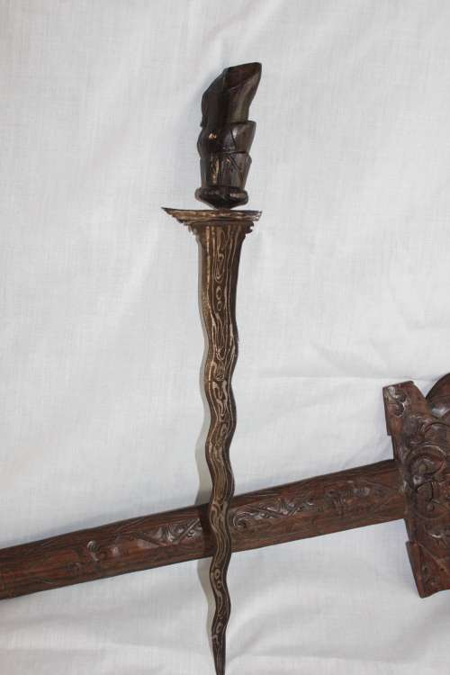 Mid Century Indonesian Wootz Steel Kerris with hand carved Rosewood Sheath and Handle  Length 62.5cm