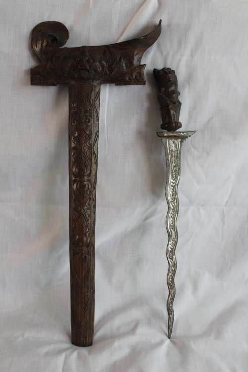 Mid Century Indonesian Wootz Steel Kerris with hand carved Rosewood Sheath and Handle  Length 62.5cm