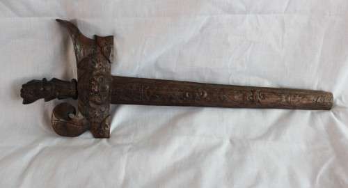 Mid Century Indonesian Wootz Steel Kerris with hand carved Rosewood Sheath and Handle  Length 62.5cm