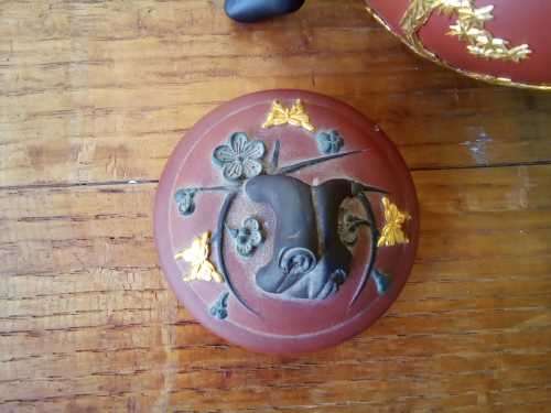 Vintage Chinese Yixing Zisha Tea set with Golden birds in high relief, Tpot 18cm by 10cm