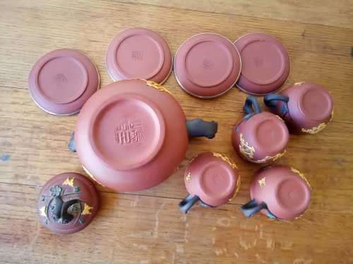 Vintage Chinese Yixing Zisha Tea set with Golden birds in high relief, Tpot 18cm by 10cm