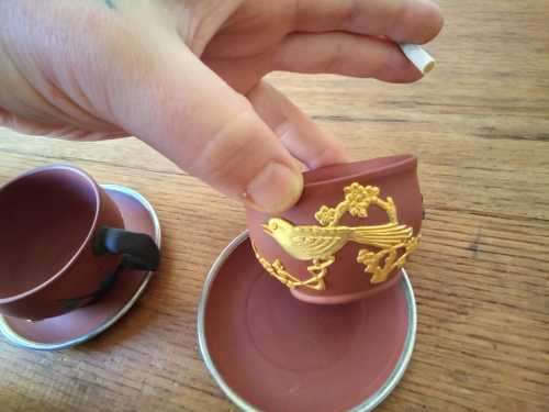 Vintage Chinese Yixing Zisha Tea set with Golden birds in high relief, Tpot 18cm by 10cm