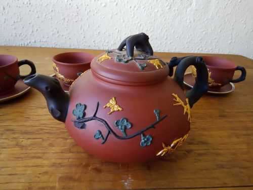 Vintage Chinese Yixing Zisha Tea set with Golden birds in high relief, Tpot 18cm by 10cm