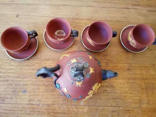 Vintage Chinese Yixing Zisha Tea set with Golden birds in high relief, Tpot 18cm by 10cm