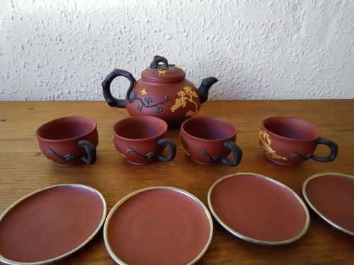 Vintage Chinese Yixing Zisha Tea set with Golden birds in high relief, Tpot 18cm by 10cm