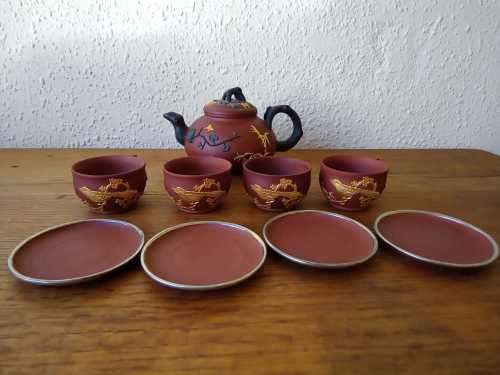 Vintage Chinese Yixing Zisha Tea set with Golden birds in high relief, Tpot 18cm by 10cm