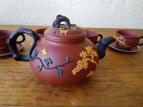 Vintage Chinese Yixing Zisha Tea set with Golden birds in high relief, Tpot 18cm by 10cm
