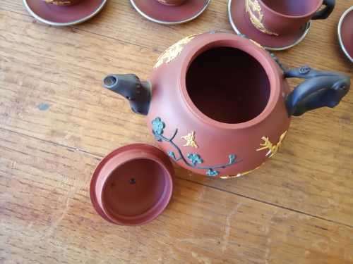 Vintage Chinese Yixing Zisha Tea set with Golden birds in high relief, Tpot 18cm by 10cm