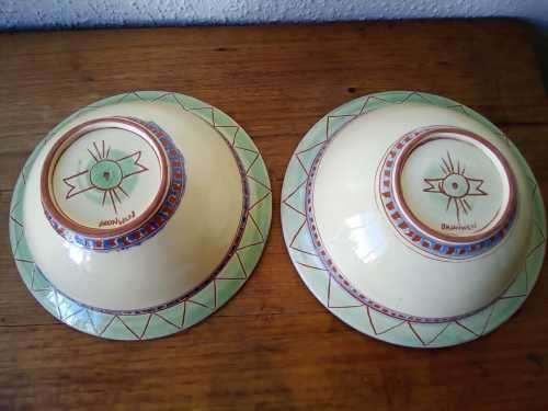 Pair of Vintage Art Deco Style Sgraffito signed Ceramic serving bowls 27cm diameter each