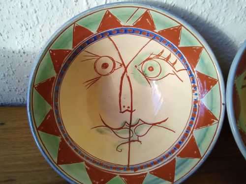 Pair of Vintage Art Deco Style Sgraffito signed Ceramic serving bowls 27cm diameter each