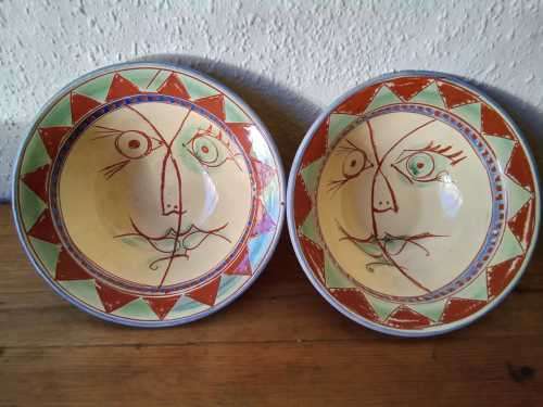 Pair of Vintage Art Deco Style Sgraffito signed Ceramic serving bowls 27cm diameter each