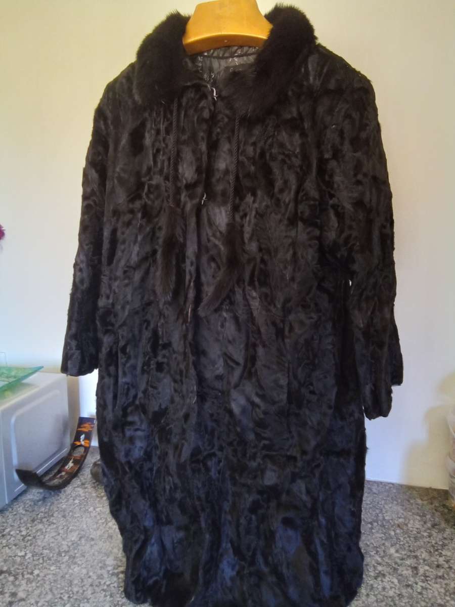 Vintage Swakara Black Lambskin Knee Length Coat by `Furs by Brandon,  Johannesburg`