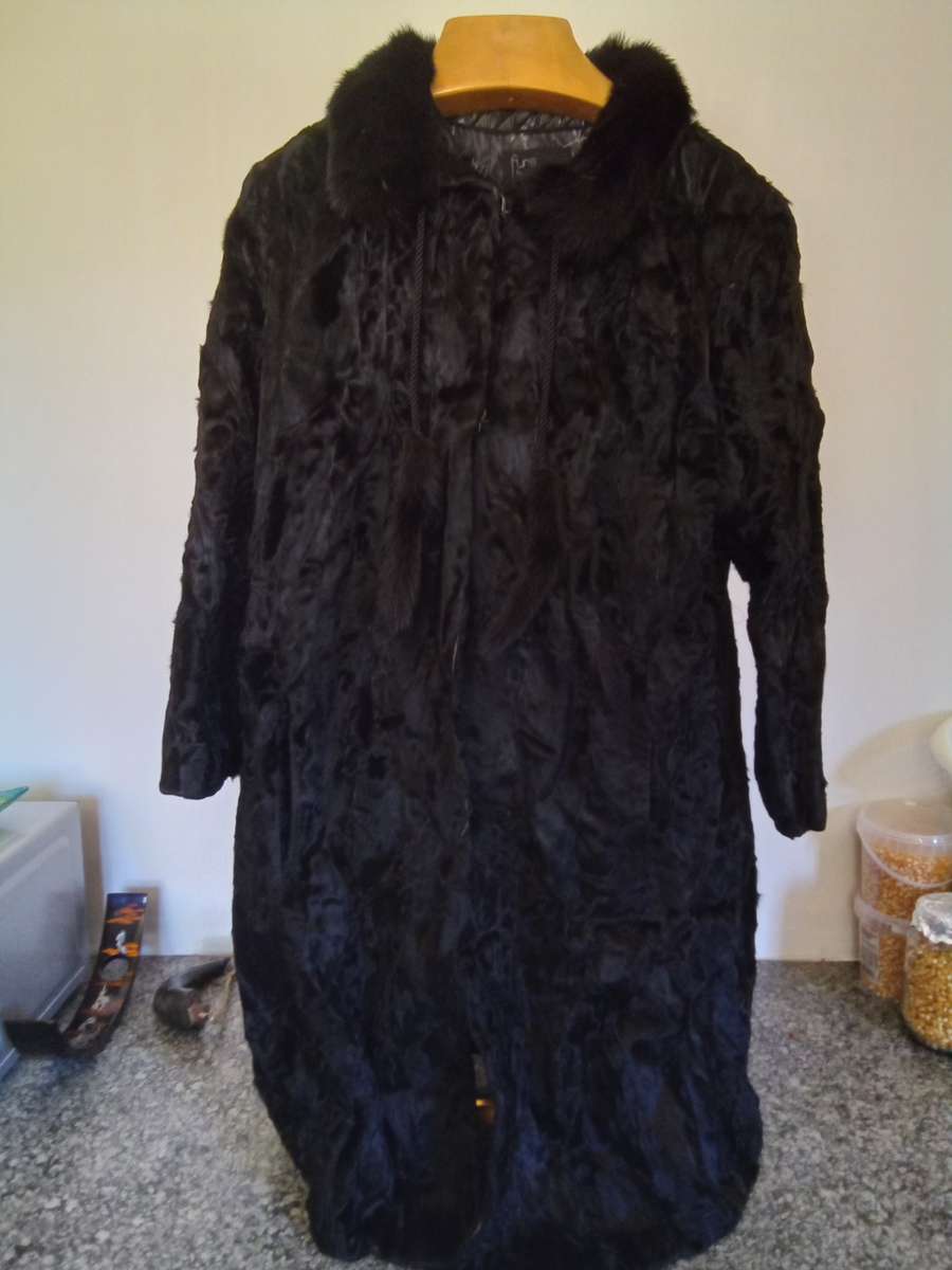 Vintage Swakara Black Lambskin Knee Length Coat by `Furs by Brandon,  Johannesburg`