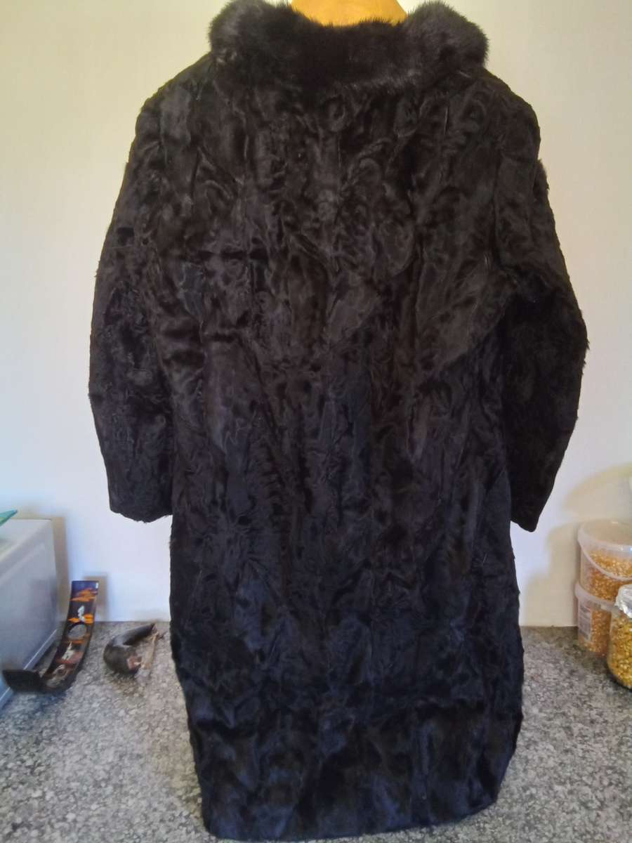 Vintage Swakara Black Lambskin Knee Length Coat by `Furs by Brandon,  Johannesburg`