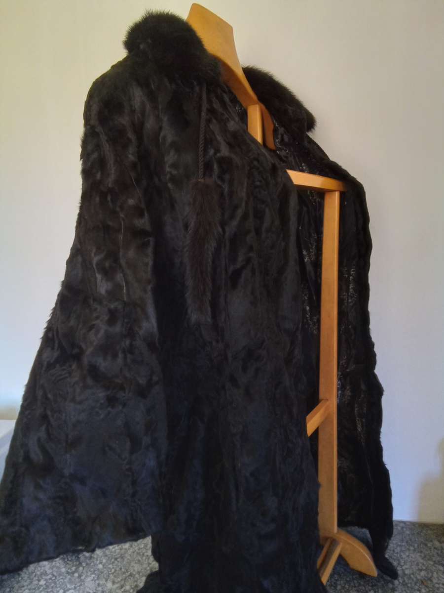 Vintage Swakara Black Lambskin Knee Length Coat by `Furs by Brandon,  Johannesburg`