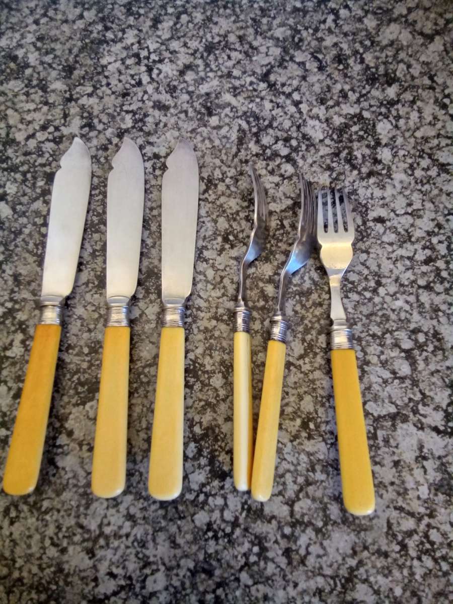 6 Piece Antique Fish Set with Sterling Silver Hallmarked Collars