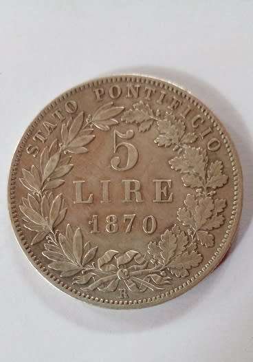 1870 5 Lire - Italy - Papal States -Pope Pius 1X