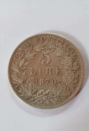 1870 5 Lire - Italy - Papal States -Pope Pius 1X