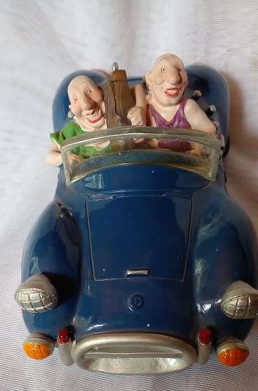 Vintage -Ceramic Car,- Money Box with Two Funny Guys, off on a Golf Trip.