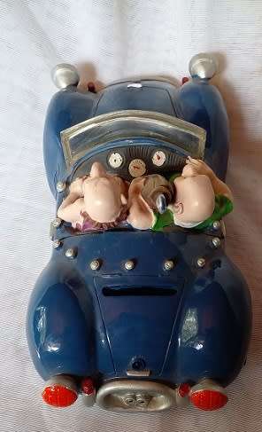 Vintage -Ceramic Car,- Money Box with Two Funny Guys, off on a Golf Trip.