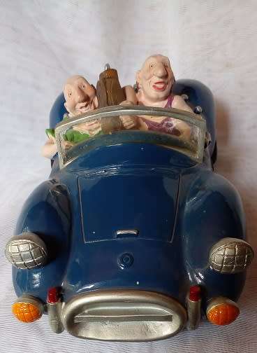 Vintage -Ceramic Car,- Money Box with Two Funny Guys, off on a Golf Trip.
